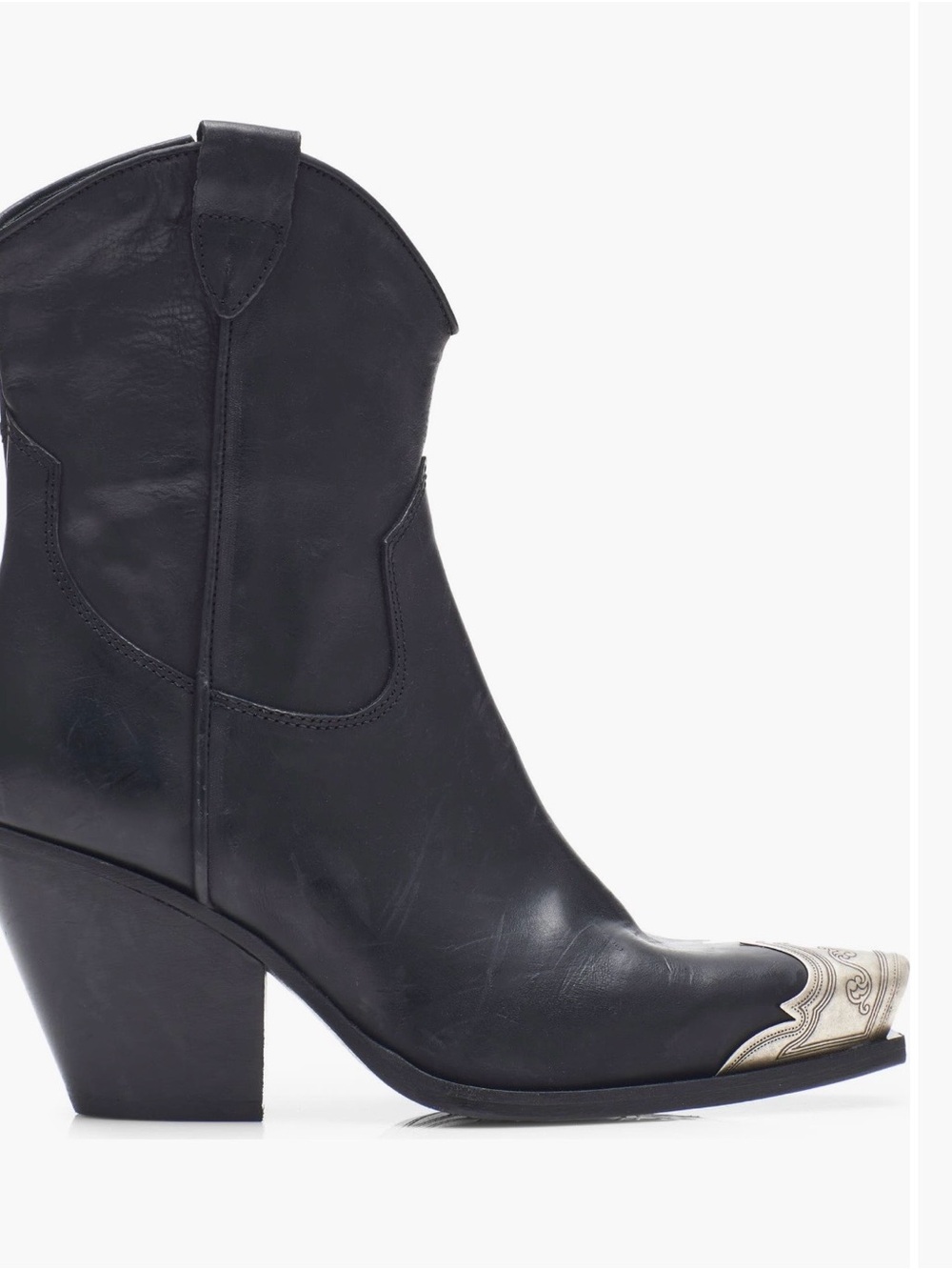 Free People Black Leather Western Ankle Boot with Silver Toe Cap